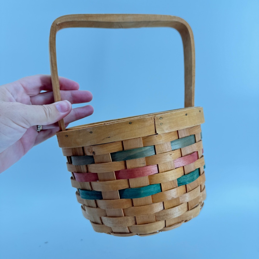 Vintageβ Woven Wood Basket Small Tan Green Red Farmhouse Decor Handle Easter